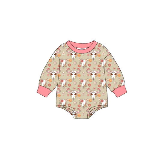 7.16Preorder (moq 5)Baby Girls Long Sleeves Pink Flowers Bull Skull Plaid Romper