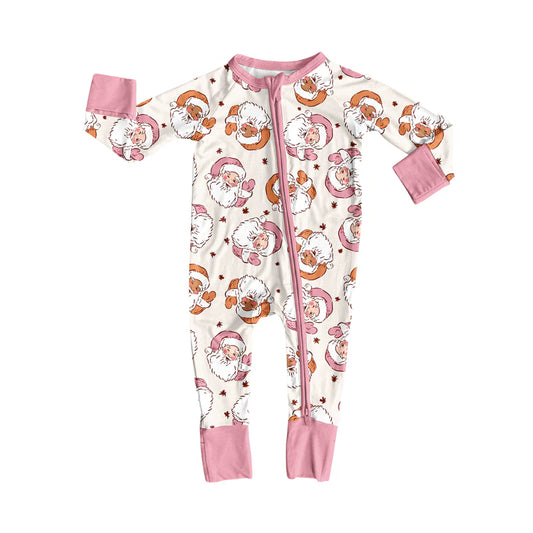 7.16Preorder (moq 5)Baby Girls Long Sleeves Pink Santa Leaves Plaid Zipper Romper