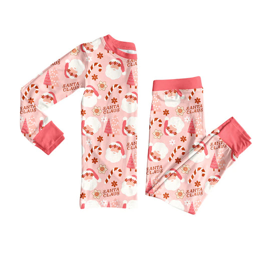 X917Preorder (moq 5)Baby Girls Long Sleeves Peach Santa Christmas Trees Top Pants Pajamas Set