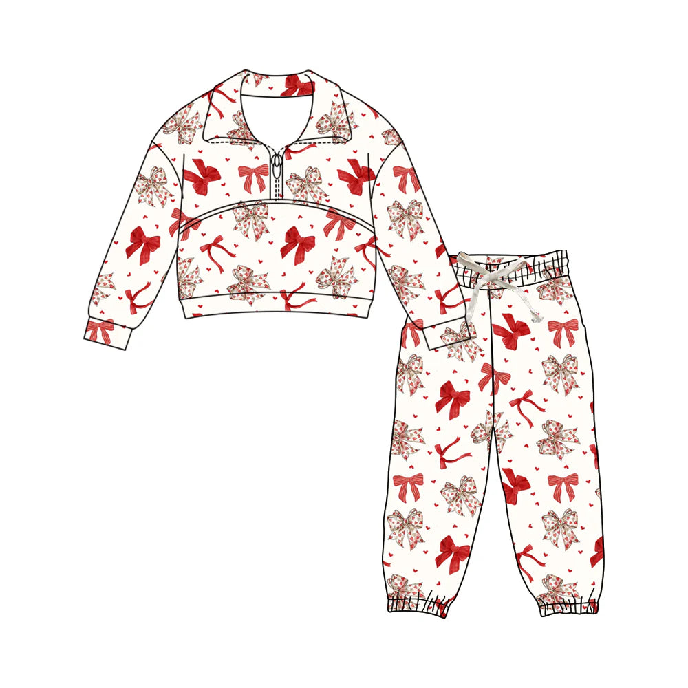 X1.16Preorder (moq 5)Baby Girls Pink Hearts Bows Zipper Pullover Pants Valentines Clothes Sets