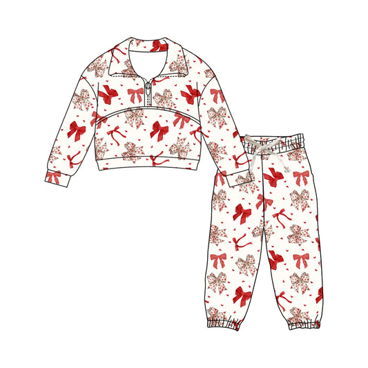 X1.16Preorder (moq 5)Baby Girls Pink Hearts Bows Zipper Pullover Pants Valentines Clothes Sets