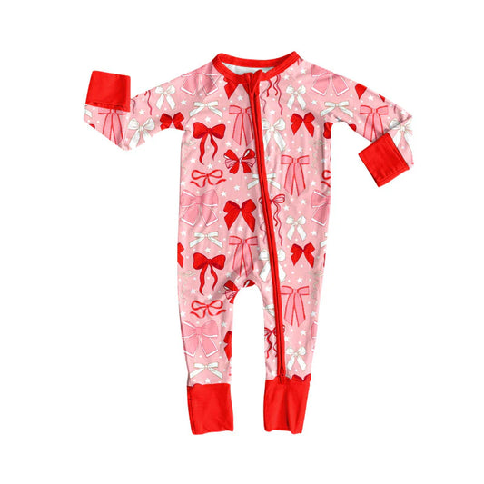 X908Preorder (moq 5)Baby Girls Pink Bows Stars Valentine Zipper Footie Rompers