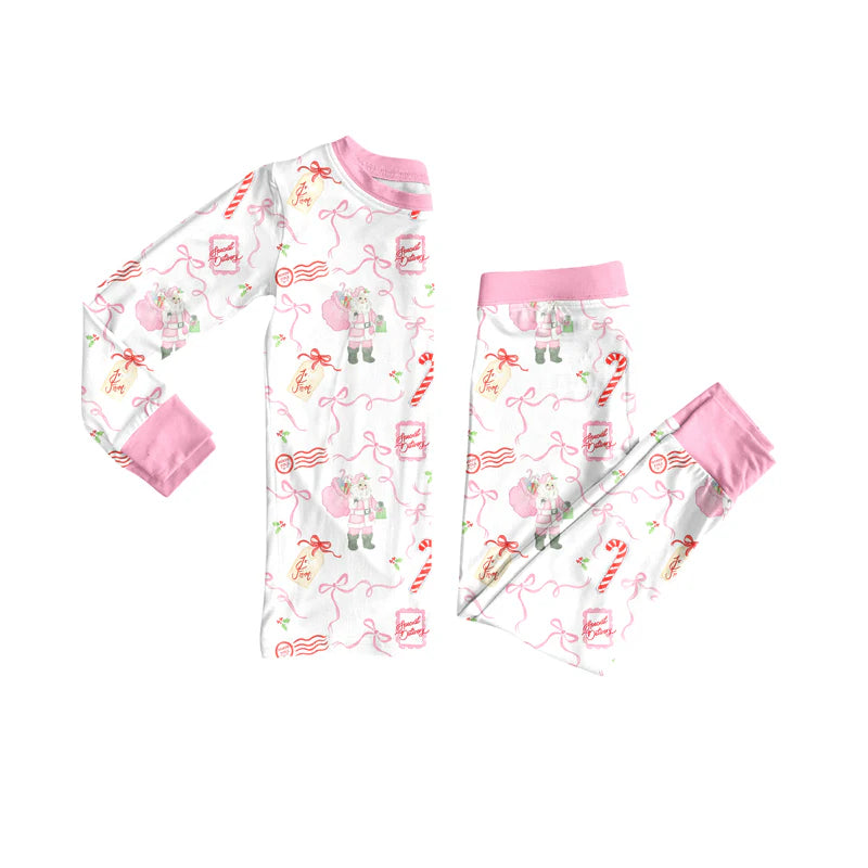 7.12Preorder (moq 5)Baby Girls Long Sleeves Pink Santa Bows Plaid Top Pants Pajamas Set