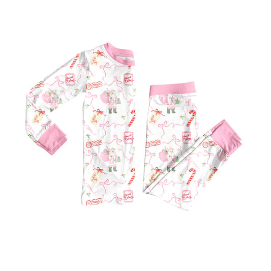 7.12Preorder (moq 5)Baby Girls Long Sleeves Pink Santa Bows Plaid Top Pants Pajamas Set