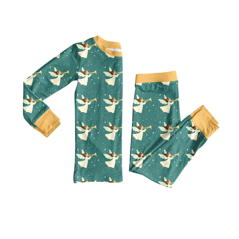 8.4Preorder (moq 5)Baby Girls Green Angles Plaid Top Pant Christmas Pajamas Set