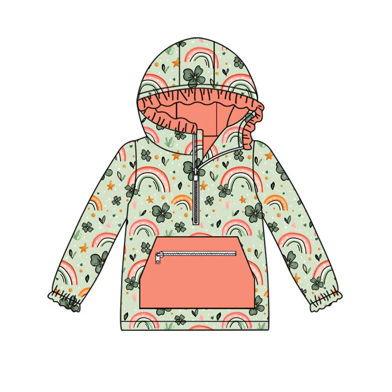 X926Preorder (moq 5)Baby Girls Clovers Rainbows Pocket Zipper St Patrick Ruffle Hoodies Top