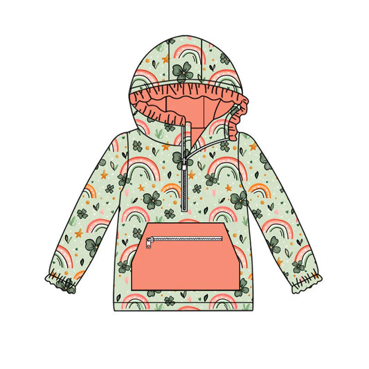X926Preorder (moq 5)Baby Girls Clovers Rainbows Pocket Zipper St Patrick Ruffle Hoodies Top