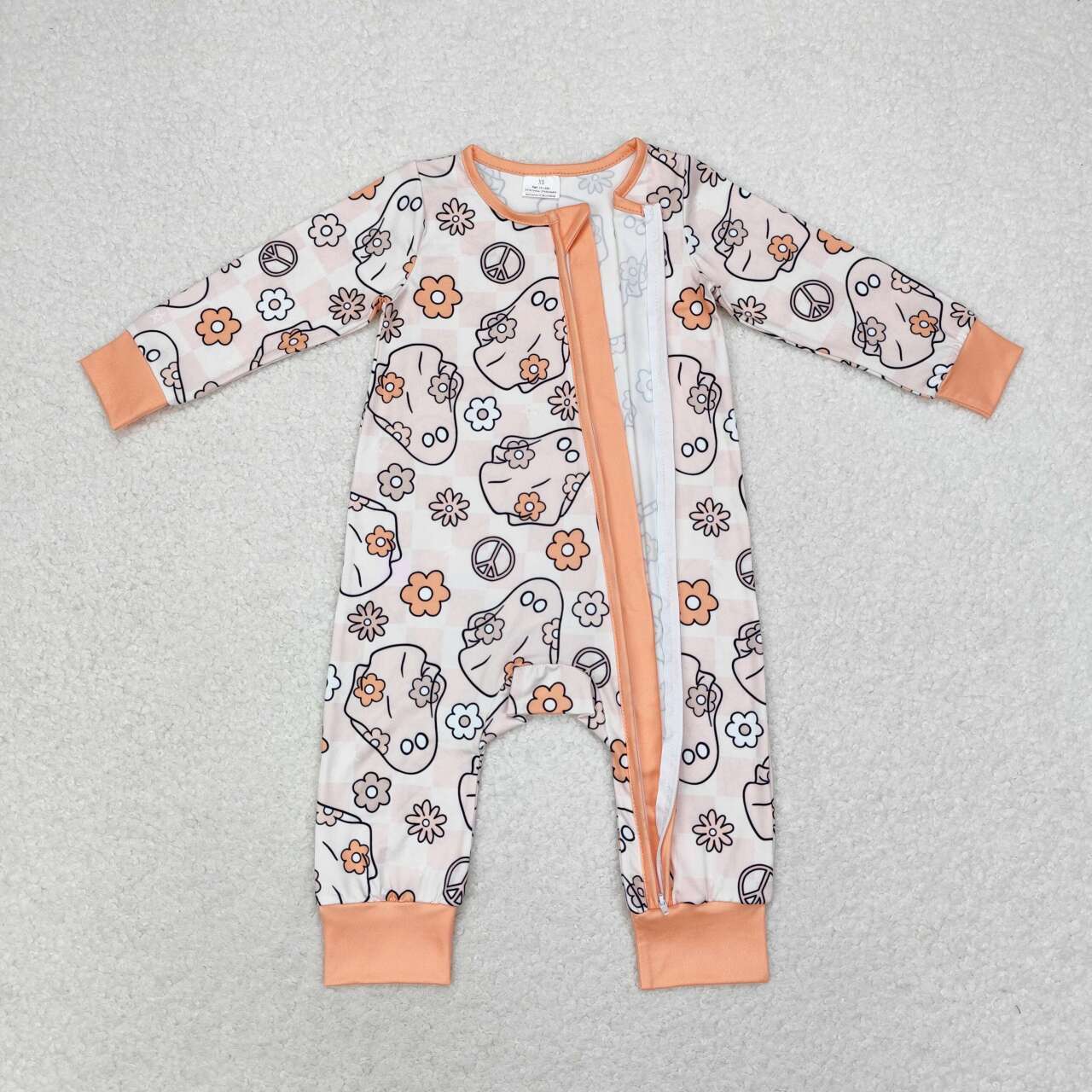 LR0980 Modal Rainbow Ghost Flower Orange Zipper Long Sleeve Bodysuit