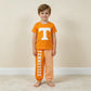 NEW RTS No moq Vinyl BSPO0695（BT1881+P1058） Baby Boys Orange Print T Shirt Top With Pockets Matching Joggers Two Piece Team Clothes Set