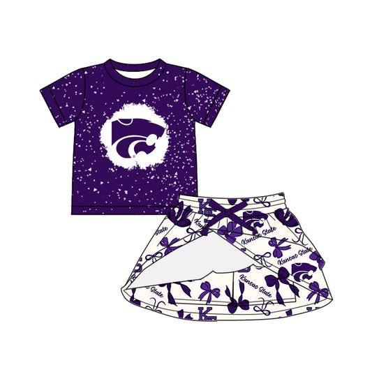 6.28Preorder (moq 5)Baby Boys Purple Short Sleeves KS Top Bows Plaid Skorts Team Clothes Sets