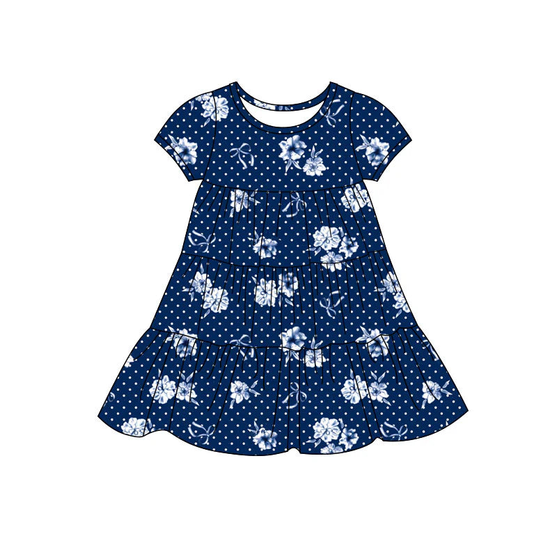 X11.20Preorder(moq 5) Baby Girls Navy Polka Dots Flowers Patchwork Ruffle Knee Length Dresses