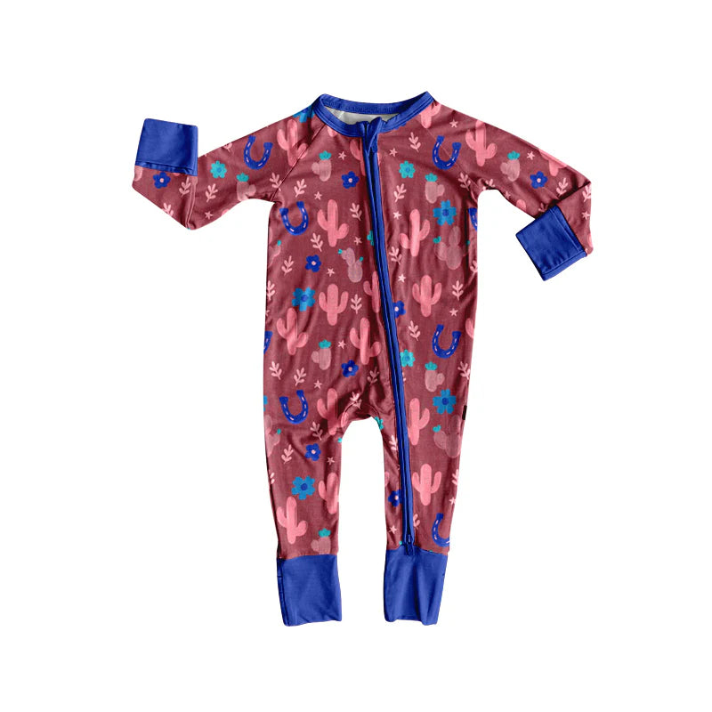 X8.14Girls Western Cactus Zipper Footie Rompers