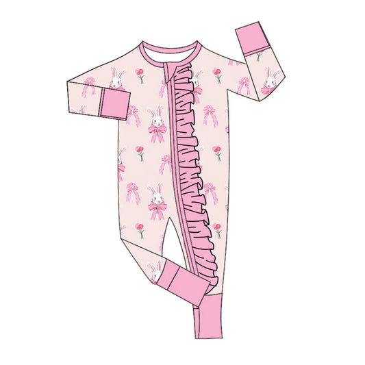 X922Preorder (moq 5)Baby Girls Pink Flowers Rabbits Easter Ruffle Zipper Footie Rompers