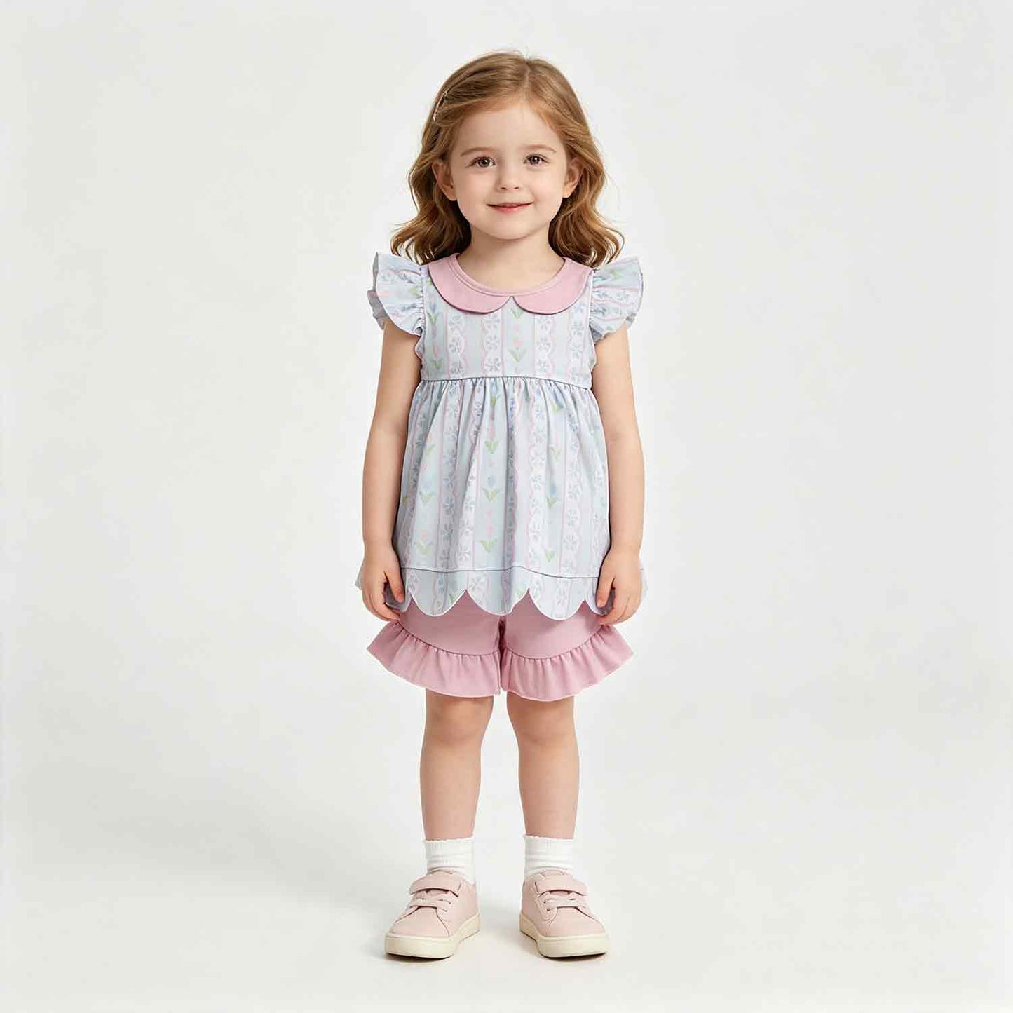 RTS No moq milk silk GSSO3490 Baby Girls Flowers Stripe Collar Scallop Tunic Ruffle Short Clothes Sets
