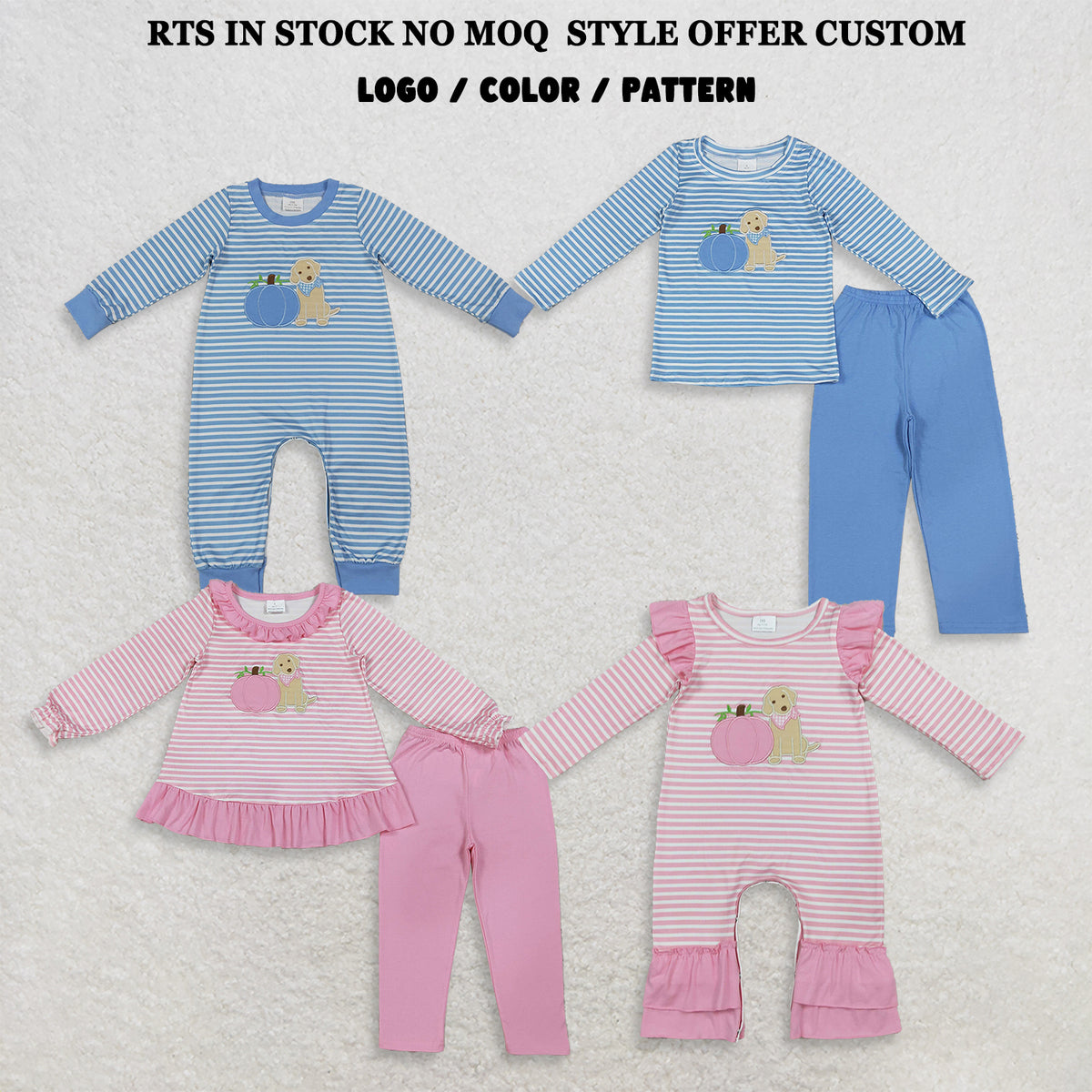 RTS NO MOQ Sibling milk silk Baby Kids Embroidery Dog Pumpkins Stripe Tunic Leggings Fall Set Rompers