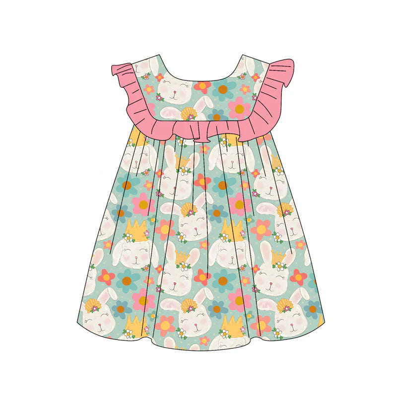 X11.14Preorder(moq 5) Baby Girls Rabbits Flowers Easter Knee Length Dresses