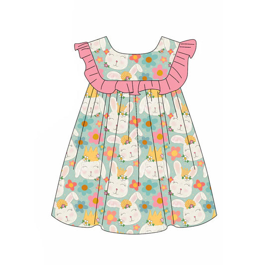X11.14Preorder(moq 5) Baby Girls Rabbits Flowers Easter Knee Length Dresses