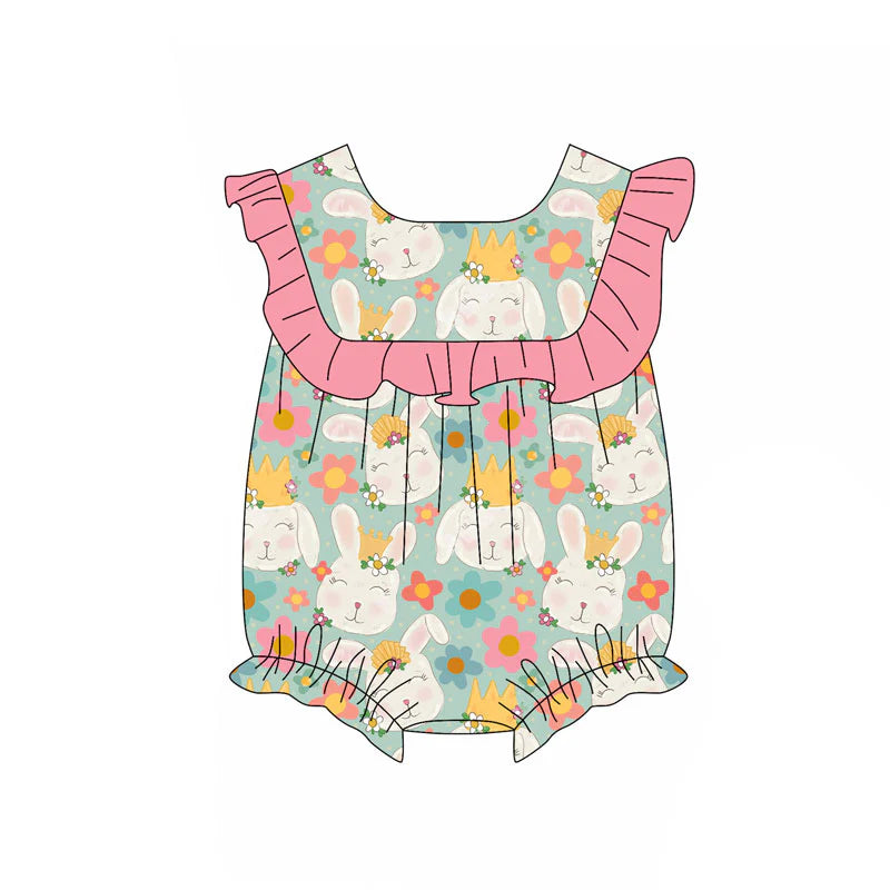 X11.15Preorder (moq 5)Baby Girls Rabbits Flowers Easter Ruffle Rompers