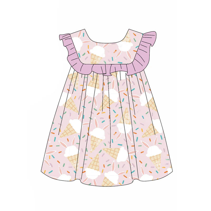 X11.14Preorder(moq 5) Baby Girls Rabbits Sprinkles Easter Knee Length Dresses