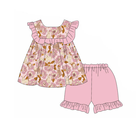 X11.15Preorder(moq 5) Baby Girls Rabbits Flowers Tunic Ruffle Shorts Easter Clothes Sets