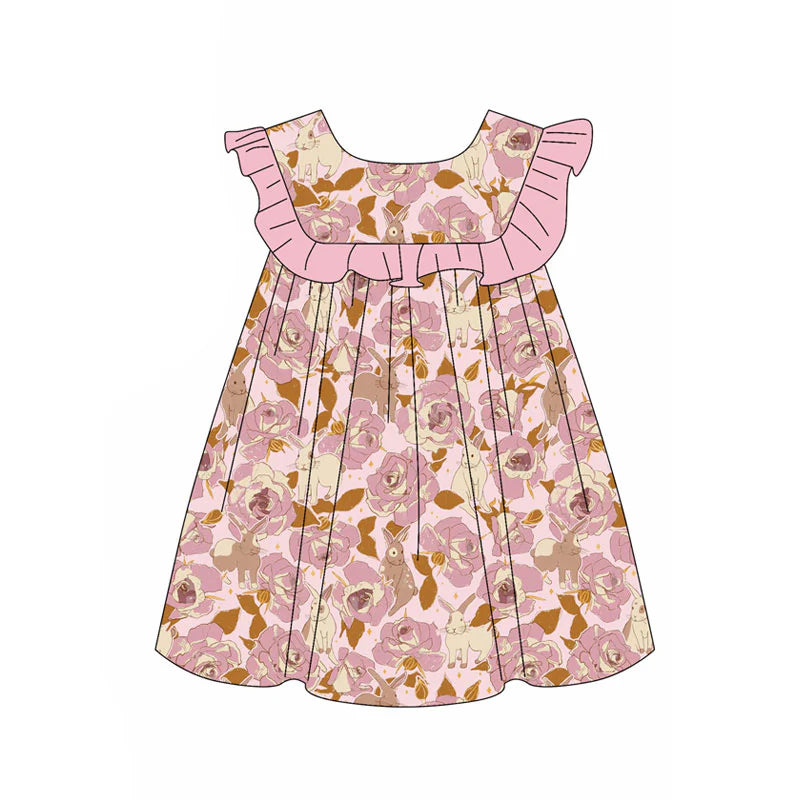 X11.14Preorder(moq 5) Baby Girls Rabbits Flowers Easter Knee Length Dresses