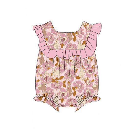 X11.15 Preorder (moq 5)Baby Girls Rabbits Flowers Easter Ruffle Rompers