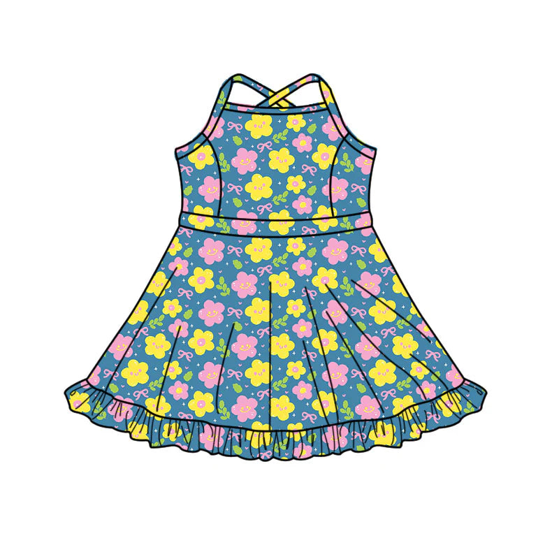 X11.14Preorder(moq 5) Baby Girls Pink Yellow Flower Bows Strap Ruffle Shorts Knee Length Dresses