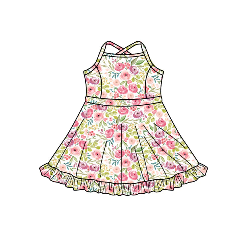 X1.14 Preorder (moq 5)Baby Girls Strap Colorful Flowers Ruffle Shorts Knee Length Dresses