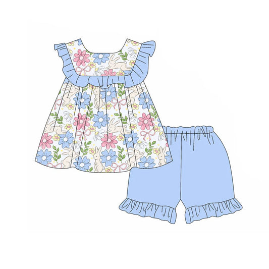 X11.15Preorder(moq 5) Baby Girls Rabbits Floral Bows Tunic Ruffle Shorts Easter Clothes Sets