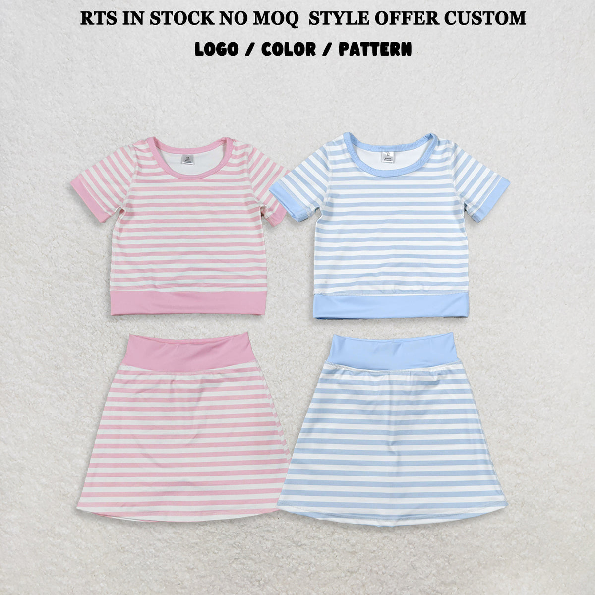 RTS NO MOQ Sibling yoga Baby Girls Pink Blue Stripe Short Sleeve Shirts Skirt Short Yoga Active Clothes Sets