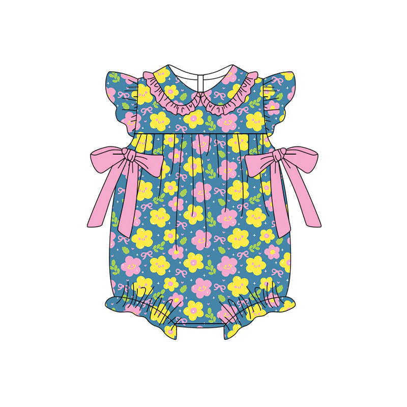 X11.14Preorder (moq 5)Baby Girls Pink Yellow Flower Bows Ruffle Collar Rompers