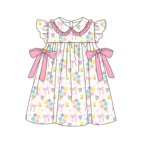 X11.14Preorder(moq 5) Baby Girls Colorful Flower Bows Ruffle Collar Knee Length Dresses