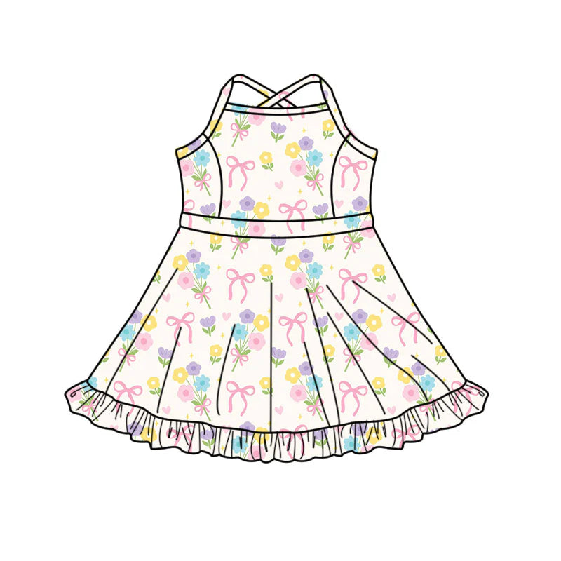 X11.14Preorder(moq 5) Baby Girls Colorful Flower Bows Strap Ruffle Shorts Knee Length Dresses
