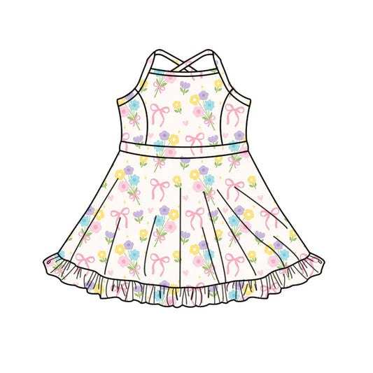 X11.14Preorder(moq 5) Baby Girls Colorful Flower Bows Strap Ruffle Shorts Knee Length Dresses
