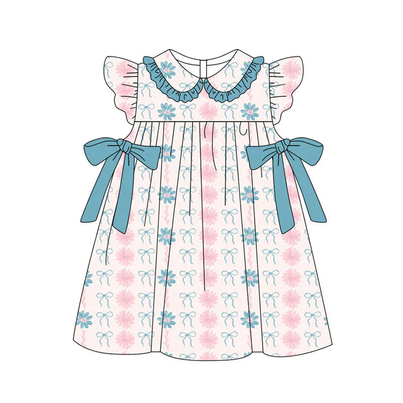 X11.14Preorder(moq 5) Baby Girls Daisy Flower Bows Stripe Ruffle Collar Knee Length Dresses