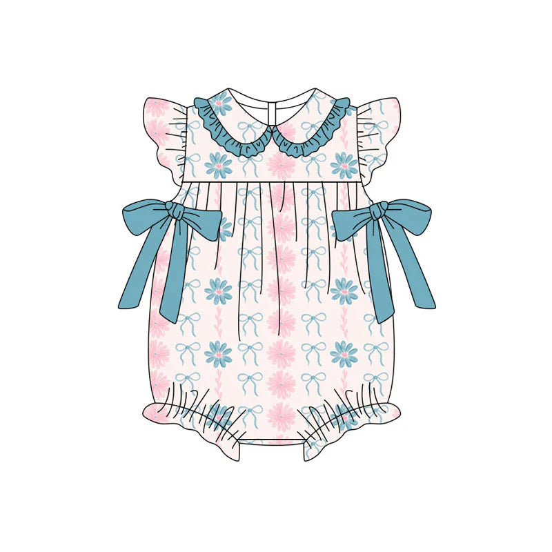 X11.14Preorder (moq 5)Baby Girls Daisy Flower Stripe Bows Ruffle Collar Rompers