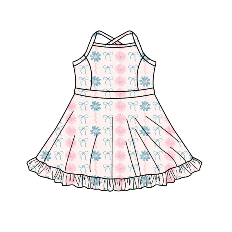 X11.14Preorder(moq 5) Baby Girls Daisy Flower Bows Stripe Strap Ruffle Shorts Knee Length Dresses