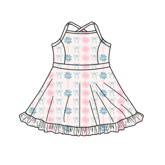 X11.14Preorder(moq 5) Baby Girls Daisy Flower Bows Stripe Strap Ruffle Shorts Knee Length Dresses