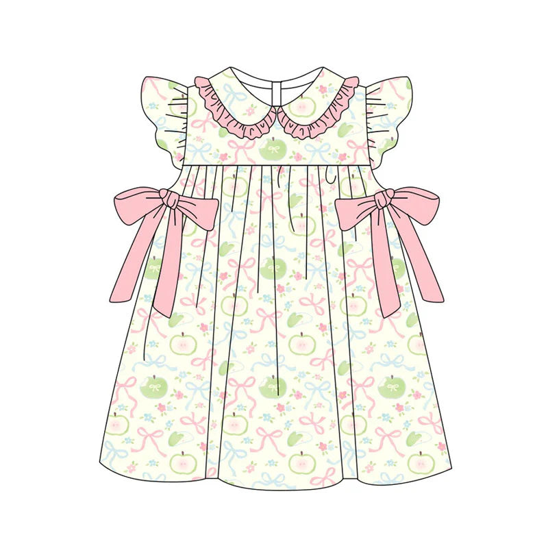 X11.14Preorder(moq 5) Baby Girls Apples Bows Flowers Ruffle Collar Knee Length Dresses
