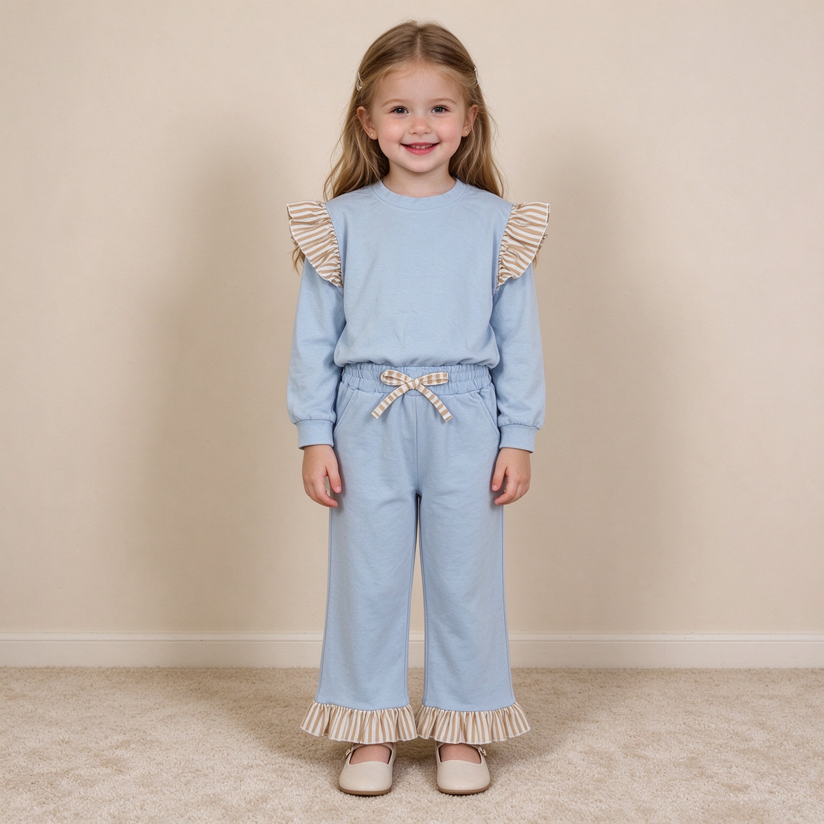 NEW RTS NO MOQ cotton GLP3696（GT1843+P1152）Baby Girls Light Blue Stripe Flutter Sleeve Top Pockets Ruffle Pant Clothes Set Cute Casual Outfit