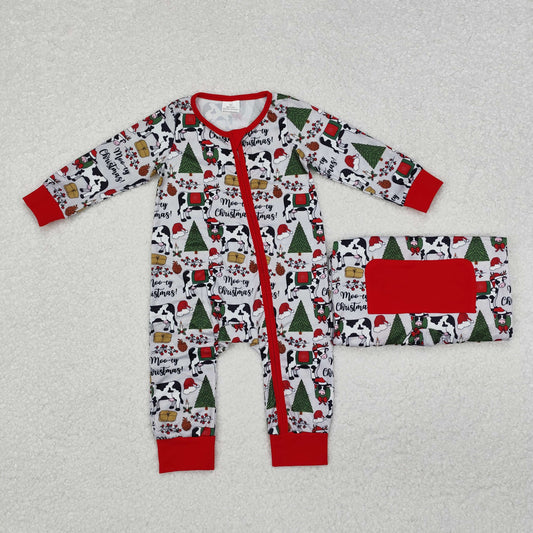 LR1075 Christmas tree cow gray and red zipper long sleeve jumpsuit