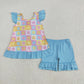 5.22  GSSO2623 Flower color plaid blue bow lace flying sleeve shorts suit