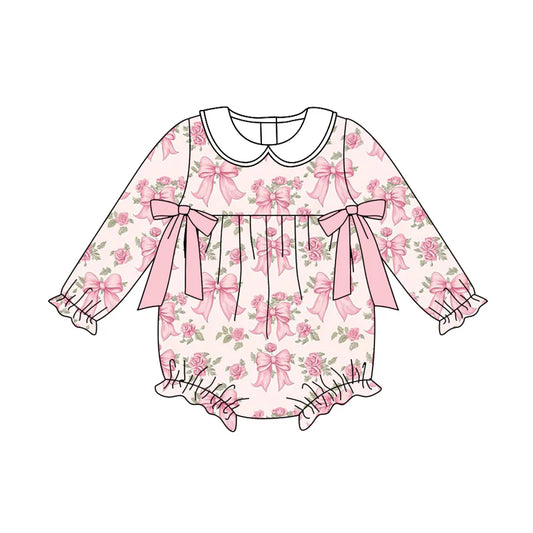 7.19Preorder(moq 5)Baby Girls Pink Flowers Bows Plaid Ruffle Rompers