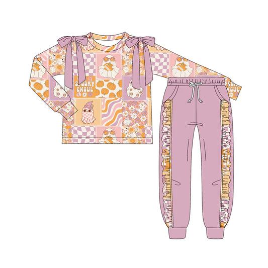 7.9Preorder (moq 5)Baby Girls Long Sleeves Ghost Pumpkins Plaid Top Pockets Pant Clothes Set