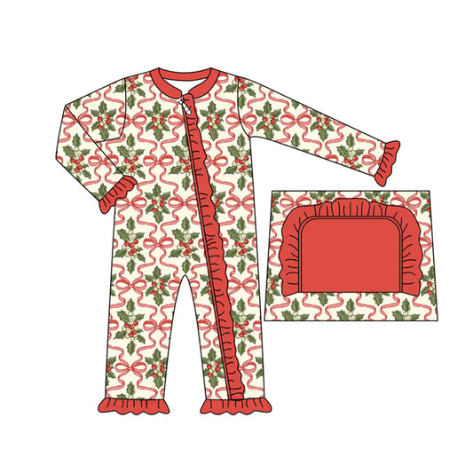 8.7preorder(moq 5)Baby Infant Girls Red Bows Holly Plaid Ruffle Christmas Zipper Rompers