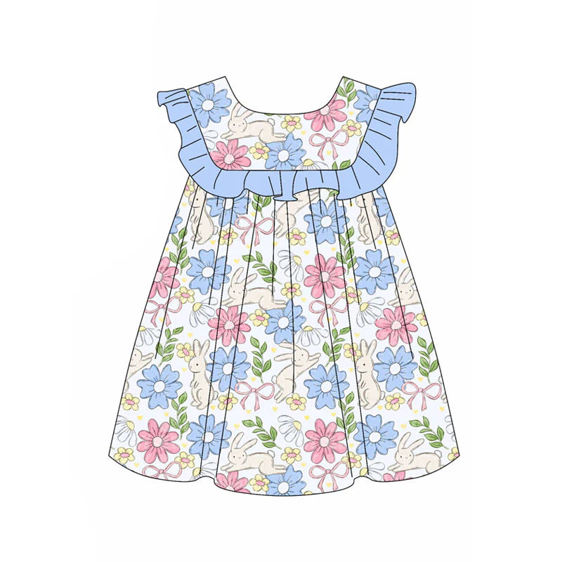 X11.15Preorder(moq 5) Baby Girls Rabbits Floral Bows Easter Knee Length Dresses
