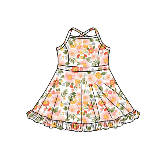 X1.14 Preorder (moq 5)Baby Girls Strap Colorful Flowers Ruffle Shorts Knee Length Dresses