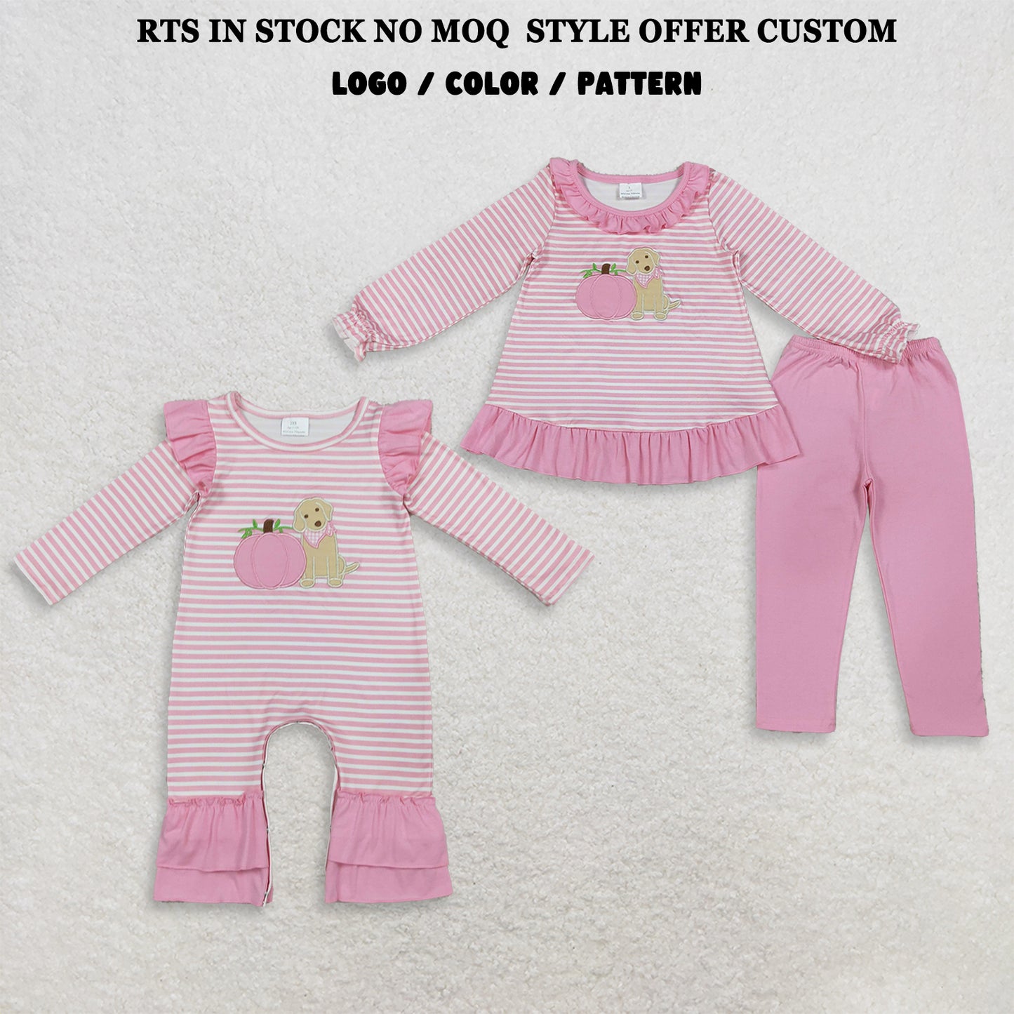 Sibling Baby Girls Pink Stripe Embroidery Dog Pumpkins Tunic Leggings Fall Set Rompers