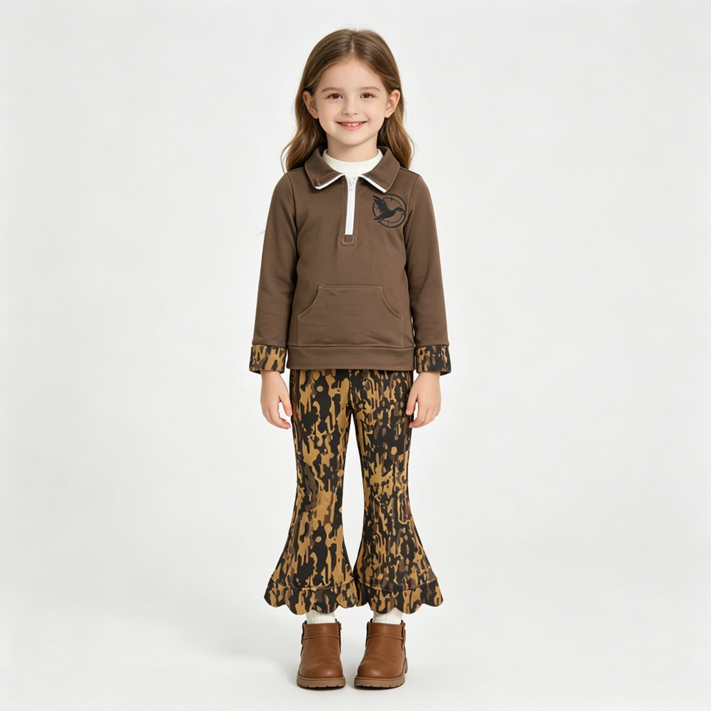 NEW RTS NO MOQ milk silk GT1698+P1039 Baby Girls Southern Leaves Camo Scallop Bell Bottom Pants