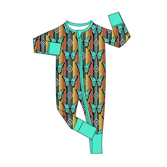 7.19Preorder moq 5 Baby Boys Long Sleeves Green Stripe Butterfly Aztec Zipper Pant Rompers